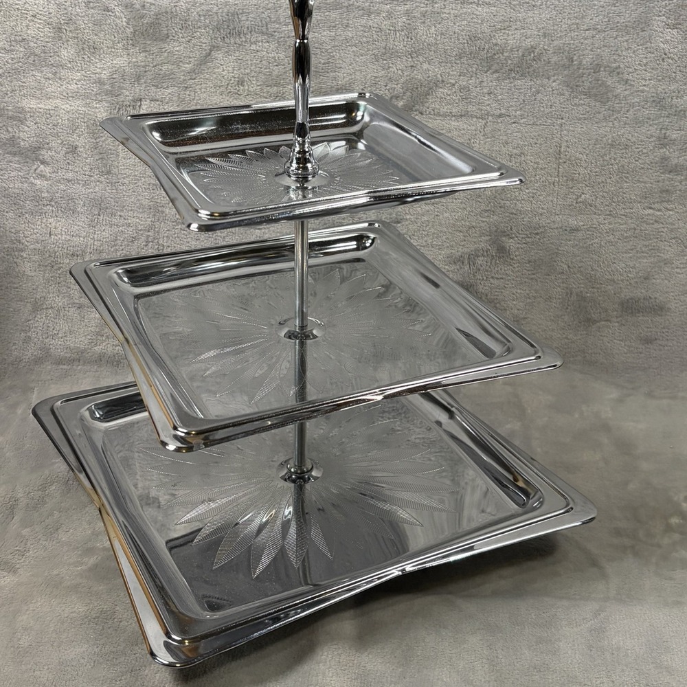 Hellerware 3 Tier Tid Bit Tray Chromium Etched Serving Stand Original Box MCM